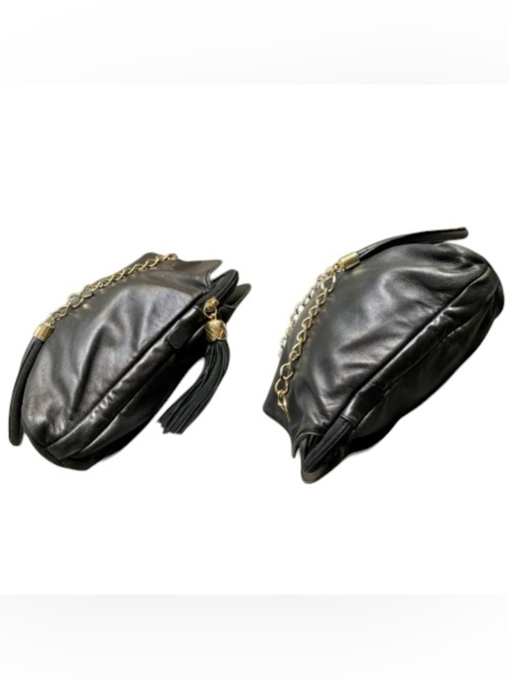 Via Veneto Vintage Black Leather Triple Compartment Tote Dual Gold Chain Handles - Picture 4 of 13